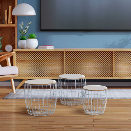 Thinia Home - Set 3 Tribal round coffee tables, metal/MDF, beige/white color, basket tables, Nordic style, dining room, lounge Thinia Home - Set 3 Tribal round coffee tables, metal/MDF, beige/white color, basket tables, Nordic style, dining room, lounge