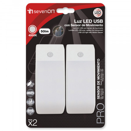 Pack 2 Luces de Noche LED Recargables USB con Sensor de Movimiento Blanco  4000K 20000H 7hSevenOn