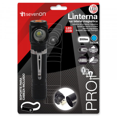 Linterna LED Luz Lateral con USB y 4 Modos De Iluminación Negro/Plata 7500K 20000H 7hSevenOn Linternas 2