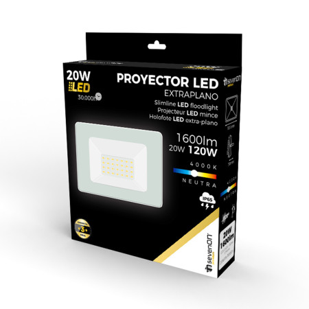 Holofote LED 20W Ultraslim IP65 Holofote Exterior Branco 4000K 30000H 7hSevenOn Holofotes LED 4