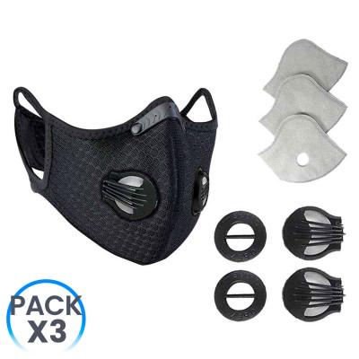 Pack 3 Mascarillas Reutilizables con Doble Válvula Negro + Kit Recambios 18 Filtros y 12 Válvulas O91 Salud 1