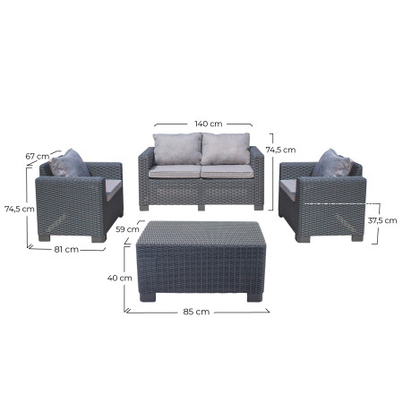 Conjunto de jardim Mesa retangular, 1 sofá e 2 cadeirões com almofadas Menorca Antracite 7house Conjunto de sofá e mesa de centr