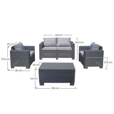 Conjunto de jardim Mesa retangular, 1 sofá e 2 cadeirões com almofadas Menorca Antracite 7house Conjunto de sofá e mesa de centr