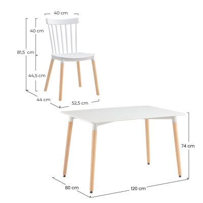 Conjunto Comedor Mesa Rectangular Blanca y 4 Sillas de Madera de Haya Morgan Blanco Thinia Home Conjuntos de Mesa y Sillas de Co