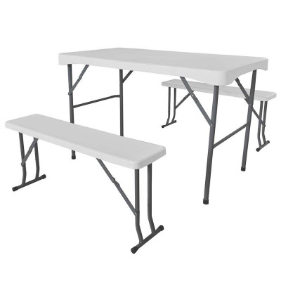 Conjunto Plegable Mesa de 113cm con 2 Bancos de 95cm para Camping Blanco 7house Mesas y Sillas Plegables 1