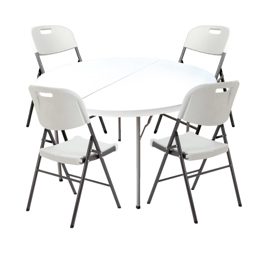 Conjunto de Jardín Plegable Mesa Redonda Ø120cm y 4 Sillas Catering Blanco 7house Conjuntos de Mesas y Sillas de Exterior 1 Conjunto de Jardín Plegable Mesa Redonda Ø120cm y 4 Sillas Catering Blanco 7house Conjuntos de Mesas y Sillas de Exterior 1