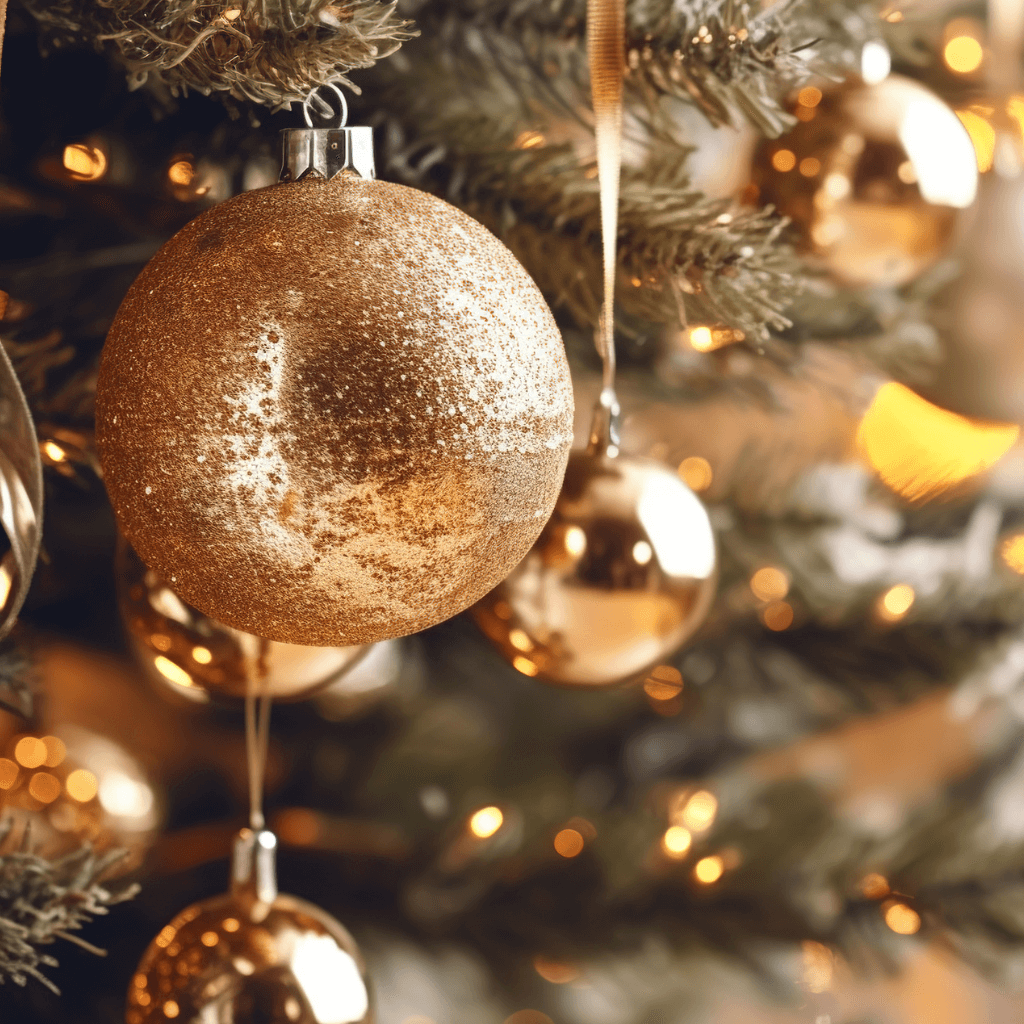 Adornos de Navidad de tonos dorados, plateados y transparentes.