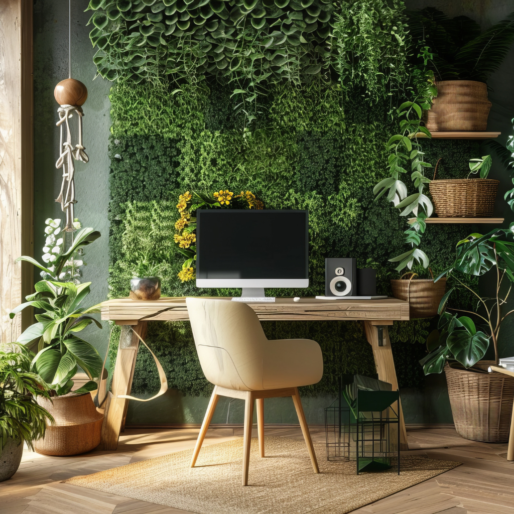 Plantas y flores en home office.